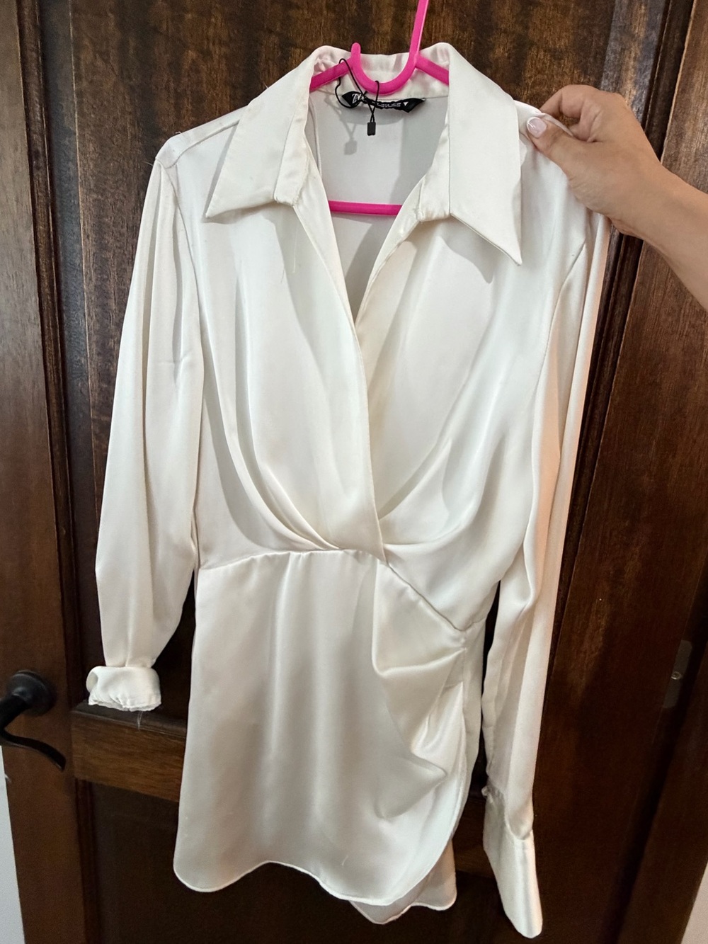Zara Cream Long Sleeve Satin Wrap Dress